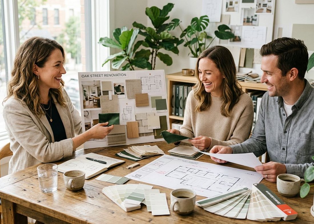 Home Advice Zone designer presenting renovation plans and material samples to homeowners