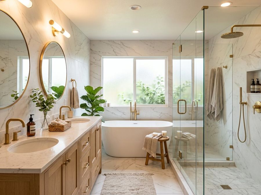 Luxury remodeled bathroom with walk-in shower and freestanding tub